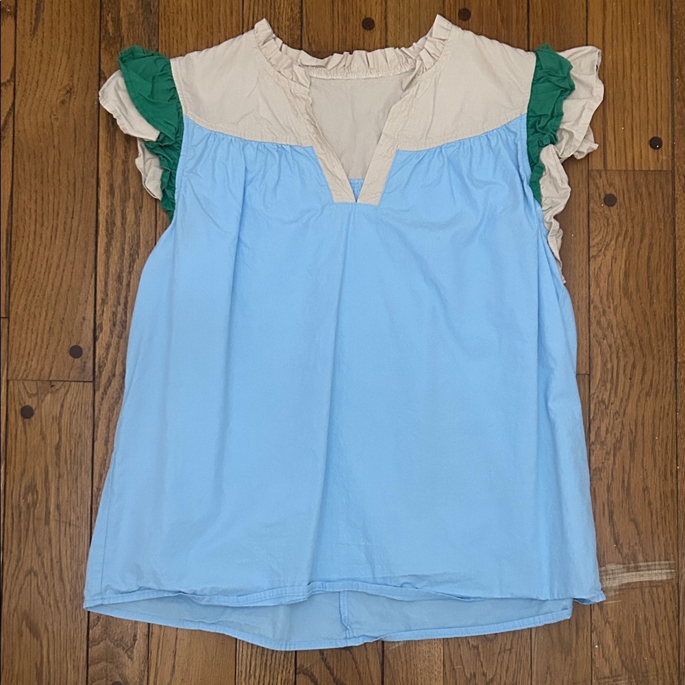 Blue and Green Ruffle Sleeve Women's Top